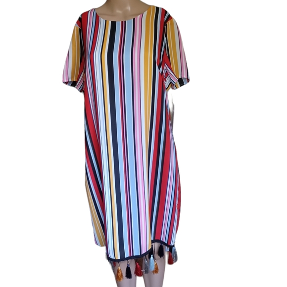 Aidan Mattox Womens Multicolored Stripes Shift Dress Tasseled Scoop Neck Size 14 - Picture 6 of 10